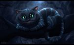  alice_in_wonderland black_bars black_fur cheshire_cat feral fur green_eyes looking_at_viewer lying paws seanica smile solo striped_fur stripes teeth 