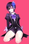  akikawa_senna black_hair bow choker eyepatch full_body highres kneehighs long_sleeves looking_at_viewer male_focus nagisa_(psp2i) otoko_no_ko phantasy_star phantasy_star_online_2 puffy_long_sleeves puffy_sleeves purple_eyes red_background sitting smile solo thighs 