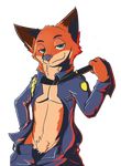  alpha_channel athletic badge bedroom_eyes canine clothed clothing disney fox fur green_eyes half-closed_eyes male mammal necktie nick_wilde open_pants open_shirt orange_fur pants_down partially_clothed police_officer pose pubes seductive simple_background smile solo standing tomiwhiteshark transparent_background uniform white_fur zootopia 