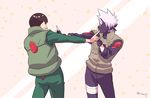  black_hair dancing fingerless_gloves forehead_protector gloves hatake_kakashi index_finger_raised koi_dance male_focus mask might_guy multiple_boys naruto naruto_(series) risuo silver_hair smile 