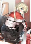  ass bag black_legwear blonde_hair blue_eyes blush body_mahattaya_ginga book breast_press breasts capelet celtic_knot chestnut_mouth crotch_seam door eyebrows_visible_through_hair from_behind graf_zeppelin_(kantai_collection) hair_between_eyes impossible_clothes indoors iron_cross kantai_collection large_breasts looking_at_viewer miniskirt panties panties_under_pantyhose pantyhose pleated_skirt sidelocks skirt skirt_lift skirt_set solo thighband_pantyhose tile_floor tiles tsurime twintails underwear 