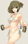  aqua_bikini bangs beer_can bikini blue_eyes blush breasts brown_hair can commentary_request cowboy_shot crossed_legs eyebrows_visible_through_hair front-tie_bikini front-tie_top green_eyes grey_background hair_bun heterochromia holding holding_can idolmaster idolmaster_cinderella_girls iwasaki_takashi medium_breasts micro_bikini mole mole_under_eye navel open_mouth short_hair side-tie_bikini smile solo swimsuit takagaki_kaede thighs 