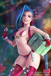  antlers bikini blue_hair box braid breasts candy candy_cane christmas covered_nipples food gift gift_box gloves jinx_(league_of_legends) league_of_legends long_hair micro_bikini olga_narhova purple_eyes red_bikini red_gloves red_legwear reindeer_antlers small_breasts solo stomach swimsuit tattoo thighhighs twin_braids very_long_hair 