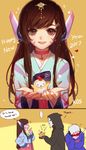  1girl 2017 2boys 2koma bangs blue_shirt brown_eyes brown_hair charm_(object) choker closed_mouth collarbone comic covering_mouth d.va_(overwatch) english engrish facepaint facial_mark fingernails forehead_jewel hand_on_hip hand_up happy_new_year headphones highres holding hood hood_up hoodie index_finger_raised korean_clothes laughing long_sleeves looking_at_viewer mask multiple_boys nail_polish new_year open_mouth overwatch pink_choker pink_lips pink_nails ranguage reaper_(overwatch) scar scar_across_eye shirt short_hair skirt skull_mask smile smug soldier:_76_(overwatch) songjikyo sparkle spoken_ellipsis star teeth tiara traditional_clothes visor whisker_markings white_hair 