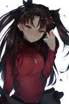  absurdres black_hair black_ribbon blue_eyes blush breasts crying crying_with_eyes_open fate/stay_night fate_(series) gem hair_ribbon highres hplay long_hair long_sleeves looking_at_viewer medium_breasts nose_blush red_shirt ribbon shirt solo tears toosaka_rin two_side_up upper_body 