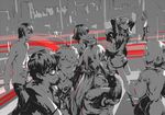  4girls akechi_gorou amamiya_ren cat closed_eyes glasses gloves greyscale headphones highres jacket kitagawa_yuusuke koukaku long_hair monochrome morgana_(persona_5) multiple_boys multiple_girls niijima_makoto off_shoulder okumura_haru pantyhose persona persona_5 red_legwear sakamoto_ryuuji sakura_futaba short_hair shorts shuujin_academy_uniform simple_background smile takamaki_anne thighhighs twintails walking 