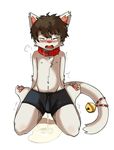  anthro blush clothed clothing collar crouching feline fur hair kneeling male mammal omorashi open_mouth pawpads peeing simple_background solo topless urine watersports wetting white_fur young yuda 