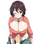  ;) areola_slip areolae bad_id bad_pixiv_id bell bell_choker black_hair blush breasts brown_eyes bursting_breasts choker cleavage closed_mouth collarbone commentary_request covered_nipples cowboy_shot groin hood hoodie idolmaster idolmaster_cinderella_girls large_breasts leaning_forward looking_at_viewer oikawa_shizuku one_eye_closed pov short_hair shorts smile solo tawashi1623 unzipping 