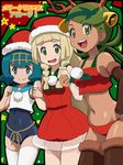  adapted_costume antlers awa bell blonde_hair blue_eyes blue_hair blue_sailor_collar braid dark_skin dress fur_trim green_eyes green_hair hairband hat lillie_(pokemon) long_hair mao_(pokemon) midriff multiple_girls navel open_mouth pokemon pokemon_(game) pokemon_sm red_dress red_hat reindeer_antlers sailor_collar santa_costume santa_hat short_hair sleeveless sleeveless_dress smile suiren_(pokemon) swimsuit swimsuit_under_clothes thighhighs trial_captain twin_braids 