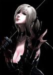  aranea_highwind armor breasts cleavage cleavage_cutout final_fantasy final_fantasy_xv gauntlets grey_eyes grey_hair higa-tsubasa holding holding_weapon long_hair simple_background smile solo weapon 