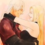  1boy 1girl blonde_hair blue_eyes breasts choker couple dante_(devil_may_cry) devil_may_cry good_end happy hug leather looking_at_another silver_hair smile trish_(devil_may_cry) 