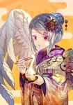  =d alternate_hairstyle animal_print blowing bowl braid bunny_print chopsticks crescent crescent_hair_ornament egasumi feathered_wings floral_print flower food furisode grey_hair hair_bun hair_flower hair_ornament hair_stick hairpin holding holding_bowl holding_chopsticks japanese_clothes jitome kimono kishin_sagume layered_clothing looking_at_viewer mochi mochi_(touhou) obi open_mouth orange_background purple_kimono red_eyes sash shawl sidelocks single_wing solo touhou upper_body wagashi white_wings wide_sleeves wings zounose 