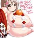  2017 akeome bad_id bad_pixiv_id bangs bare_shoulders beads breast_rest breasts breasts_outside brown_eyes checkered circle_name closed_mouth eyebrows_visible_through_hair flower food food_on_body fruit hair_beads hair_between_eyes hair_flower hair_ornament happy_new_year huge_breasts huge_nipples japanese_clothes kimono light_smile looking_at_viewer lying mandarin_orange mole mole_on_breast nengajou new_year nipples no_bra obi off_shoulder on_side open_clothes open_kimono oppai_mochi original parted_bangs pink_flower puffy_nipples red_kimono sash shadow shide shiny shiny_skin short_hair silver_hair simple_background solo translated tsukioka_kirio upper_body white_background 