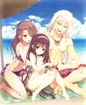  2girls akikawa_senna bangs barefoot beach bikini black_hair blue_eyes blunt_bangs brown_eyes day fangs hair_over_one_eye hairband hug jewelry long_hair mabinogi multiple_girls necklace ocean one-piece_swimsuit original sandwiched sitting summer swimsuit very_long_hair white_hair white_swimsuit 