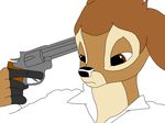  bambi bambi_(film) brown_eyes brown_fur cervine clothing deer disney ears_down fur gun handgun male mammal ranged_weapon revolver sad shirt simple_background solo suicide vanderhirsche weapon white_background 