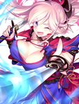  ;d artist_name bangs blonde_hair blue_eyes breasts cleavage commentary_request dual_wielding fate/grand_order fate_(series) holding holding_sword holding_weapon japanese_clothes kousaki_rui large_breasts looking_at_viewer miyamoto_musashi_(fate/grand_order) obi one_eye_closed open_mouth pointing pointing_at_viewer pointing_sword ponytail sash signature smile solo sword v-shaped_eyebrows weapon 