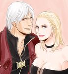  1boy 1girl blonde_hair blue_eyes breasts choker couple dante_(devil_may_cry) devil_may_cry devil_may_cry_4 leather looking_at_another silver_hair trish_(devil_may_cry) 