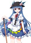 blue_hair bow food fruit hat highres hinanawi_tenshi long_hair open_mouth peach puffy_sleeves ruu_(tksymkw) short_sleeves simple_background solo sword_of_hisou touhou very_long_hair white_background 