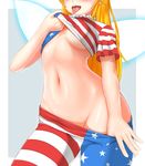  :d american_flag_dress american_flag_legwear blonde_hair blush border breasts clownpiece cowboy_shot damao_yu dress dress_lift fairy_wings frilled_shirt_collar frills grey_background groin head_out_of_frame highres hips lifted_by_self long_hair md5_mismatch midriff navel neck_ruff no_bra no_panties open_mouth pantyhose pantyhose_pull revision saliva shiny shiny_skin short_sleeves simple_background small_breasts smile solo standing star star_print stomach striped striped_legwear thighs tongue tongue_out touhou underboob undressing white_border wings 
