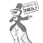  bottomless clothed clothing coat dialogue election female hat kobold pussy top_hat uuoouu 