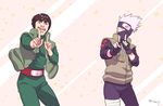  black_hair dancing fingerless_gloves forehead_protector gloves hatake_kakashi index_finger_raised koi_dance male_focus mask might_guy multiple_boys naruto naruto_(series) risuo silver_hair smile 