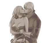  1boy 1girl blonde_hair breasts corset couple dante_(devil_may_cry) devil_may_cry devil_may_cry_4 eyes_closed holding_hand kiss looking_at_another silver_hair trish_(devil_may_cry) undressing 