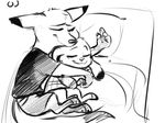  2016 ahappypichu-mod anthro bed canine clothed clothing cuddling disney duo female fox fur hi_res judy_hopps lagomorph lying male mammal monochrome nick_wilde pajamas pillow rabbit size_difference zootopia 