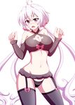  ahoge ass_visible_through_thighs bare_shoulders black_legwear black_panties blush breasts cleavage_cutout criss-cross_halter detached_sleeves garter_belt halterneck large_breasts long_hair looking_at_viewer navel open_mouth panties purple_eyes purple_hair senki_zesshou_symphogear simple_background solo thighhighs twintails underwear very_long_hair white_background yukine_chris zetsumu 