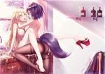  2girls animal_tail ass back blonde_hair bottle breasts character_request collar cum dk_senie from_behind kitchen long_hair multiple_girls naked_apron naughty_face open_mouth orgasm pantyhose purple_hair pussy_juice short_hair slave tagme tongue yuri 