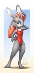  2017 3_toes 4_fingers anthro clothing disney female fur grey_fur judy_hopps lagomorph mammal mykegreywolf pink_nose purple_eyes rabbit simple_background solo standing swimsuit toes wide_hips zootopia 