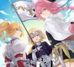  2girls armor armored_dress astolfo_(fate) blonde_hair blue_eyes blush braid citron_82 fate/apocrypha fate_(series) headpiece highres jeanne_d'arc_(fate) jeanne_d'arc_(fate)_(all) long_hair looking_at_viewer mordred_(fate) mordred_(fate)_(all) multiple_girls open_mouth otoko_no_ko pink_hair ponytail smile 