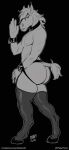  anthro bulge butt clothing collar equine greyscale horse jockstrap legwear looking_at_viewer male mammal monochrome omari smile solo standing thick_thighs thigh_highs underwear 