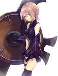  applekun armor armored_dress bare_shoulders black_dress breasts dress elbow_gloves fate/grand_order fate_(series) gloves hair_over_one_eye looking_at_viewer mash_kyrielight medium_breasts navel_cutout purple_eyes purple_hair shield short_dress short_hair solo thighhighs type-moon 