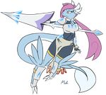  action_pose anthro armor clothed clothing dragon elbow_gloves female fingerless_gloves front_view gloves hair lance leotard loincloth long_hair mekachii pink_eyes pink_hair scalie shorts solo spectura_(mekachii) tight_clothing unconvincing_armor wide_hips wings 