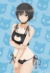  amagami bell bell_collar black_hair bra breasts brown_eyes cat_lingerie cleavage cleavage_cutout collar jingle_bell kishida-shiki large_breasts looking_at_viewer meme_attire nanasaki_ai panties patterned_background short_hair side-tie_panties solo underwear 