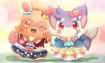  &lt;3 blush brown_hair canine clothing cocotama cosplay duo egg female fox hair male mammal one_eye_closed orange_eyes ornament pemyu pinko_(cocotama) purple_hair raccoon red_eyes renji_(cocotama) ribbons skirt star wear 