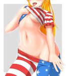  :d american_flag_dress american_flag_legwear blonde_hair blush border breasts chinese clownpiece commentary_request cowboy_shot damao_yu dress dress_lift frilled_shirt_collar frills grey_background groin head_out_of_frame highres hips lifted_by_self long_hair md5_mismatch midriff navel neck_ruff no_bra no_panties no_wings open_mouth pantyhose pantyhose_pull saliva shiny shiny_skin short_sleeves simple_background small_breasts smile solo standing star star_print stomach striped striped_legwear thighs tongue tongue_out touhou underboob undressing white_border 