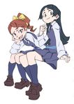  arai_hiroki barbara_parker black_hair bow brown_hair chin_rest dress grey_eyes hair_bow hanna_england highres little_witch_academia loafers luna_nova_school_uniform multiple_girls no_hat no_headwear open_mouth ponytail school_uniform shoes sitting smile smug socks uniform white_background 