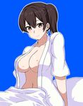  alternate_costume areola_slip areolae bad_id bad_pixiv_id black_hair blush breasts brown_eyes closed_mouth collarbone hair_between_eyes hickey kaga_(kantai_collection) kantai_collection lipstick_mark looking_at_viewer medium_breasts navel open_clothes open_shirt pajamas shirt short_hair side_ponytail smile solo tawashi1623 under_covers 