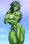  1girl bikini breasts elee0228 flexing green_eyes green_hair green_skin huge_breasts marvel muscle muscular_female she-hulk sling_bikini speh swimsuit 
