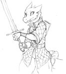  anthro clothed clothing female front_view guoh kobold looking_back melee_weapon monochrome pouches quilted_jacket reptile scalie simple_background sketch solo standing sword thick_tail thick_thighs weapon white_background 