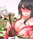  :d black_hair blush bottle breasts bucket cleavage collarbone commentary_request drunk fusou_(kantai_collection) hair_ornament holding in_bucket in_container japanese_clothes kantai_collection kimono kimono_pull kuon_(nokokopopo) large_breasts looking_at_viewer multiple_girls off_shoulder open_mouth pola_(kantai_collection) red_eyes sake_bottle smile translation_request wooden_bucket 