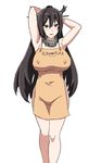  apron armpits arms_behind_head arms_up bad_id bad_pixiv_id black_hair blush breasts brown_eyes commentary_request covered_nipples cowboy_shot hair_between_eyes headgear kantai_collection large_breasts long_hair looking_at_viewer nagato_(kantai_collection) naked_apron parted_lips puka_puka seductive_smile smile solo tawashi1623 tsurime white_background 