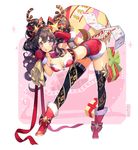  :o antlers armband artist_name bare_shoulders bent_over black_hair boots breasts bustier christmas cleavage full_body fur_trim long_hair looking_at_viewer medium_breasts midriff mittens namyo original purple_eyes red_footwear sack shorts solo thighhighs twintails 