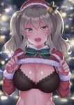  alternate_costume aqua_eyes bell black_bra blurry blurry_background bra breasts capelet cleavage depth_of_field eyebrows_visible_through_hair fur_trim hair_ornament hat highres kantai_collection kashima_(kantai_collection) lace lace-trimmed_bra large_breasts long_sleeves looking_at_viewer open_mouth santa_costume santa_hat shiny shiny_hair shiny_skin shirt_lift silver_hair snow snowing solo teeth twintails underwear usa_b 