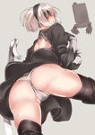  ass ayyh backless_dress backless_outfit black_dress black_legwear blindfold blush covered_eyes cowboy_shot crotch dress feathers from_behind from_below gloves grey_background headband highres juliet_sleeves katana long_sleeves nier_(series) nier_automata open_mouth panties pantyshot pod_(nier_automata) puffy_sleeves robot short_hair shoulder_blades sword thighhighs underwear weapon white_hair white_panties yorha_no._2_type_b 