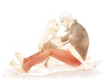  1boy 1girl blonde_hair couple dante_(devil_may_cry) devil_may_cry devil_may_cry_4 feet hug legs looking_at_another panties silver_hair trish_(devil_may_cry) underwear 