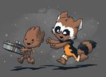  alison_acton anthro barefoot chasing chibi flora_fauna groot guardians_of_the_galaxy mammal marvel open_mouth plant raccoon rocket_raccoon running smile 