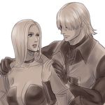  1boy 1girl blonde_hair blue_eyes breasts choker couple dante_(devil_may_cry) devil_may_cry leather looking_at_another silver_hair trish_(devil_may_cry) 