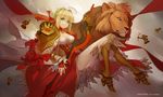  aestus_estus ahoge armor armored_boots blonde_hair boots chess_piece dress epaulettes fate/extra fate/grand_order fate_(series) felix_(felix901123) full_body gauntlets green_eyes highres leotard lion looking_at_viewer nero_claudius_(fate) nero_claudius_(fate)_(all) red_dress see-through solo 
